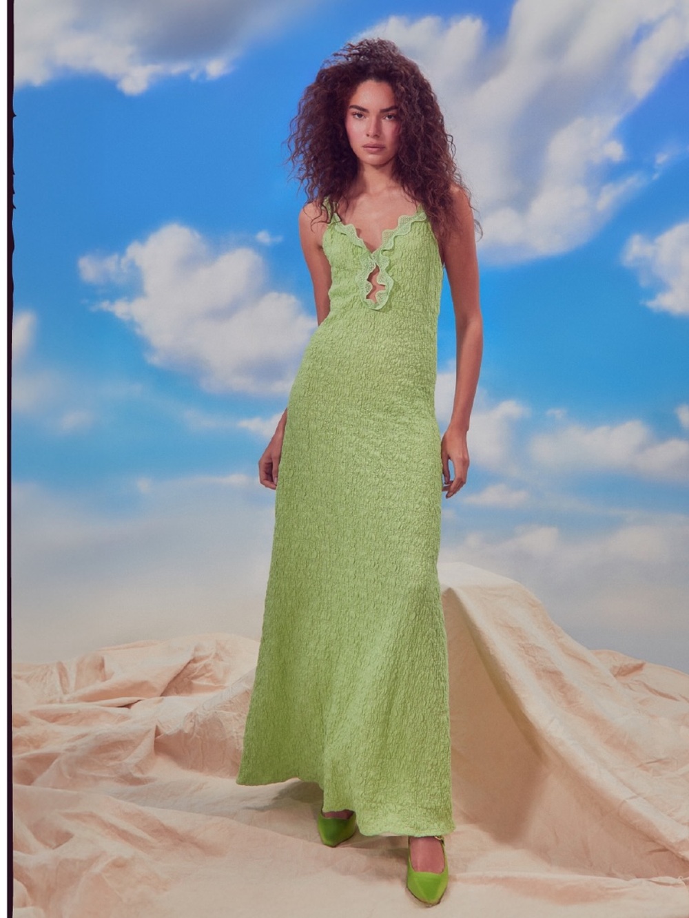 Scallop-Trim Maxi Slip Dress in Lime Green